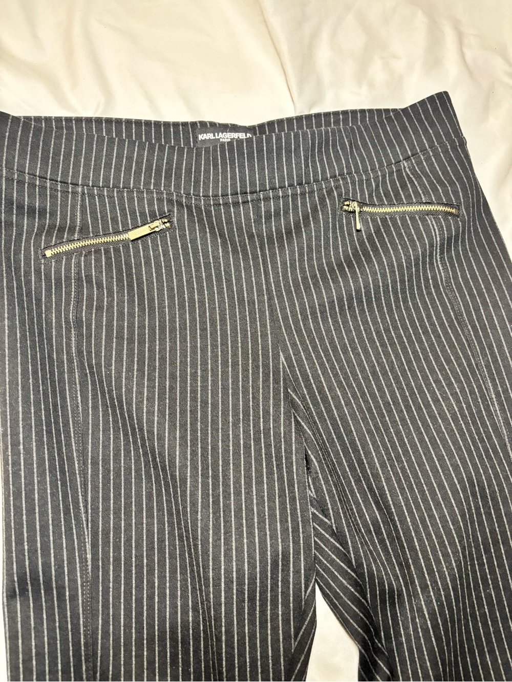 Karl Lagerfeld Black Pinstripe Trousers with Gold Zip Accents